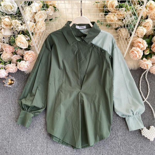 personality faux two-piece patchwork striped green blouse women chic puffy sleeve buttons and ruches decorated shirt1, White